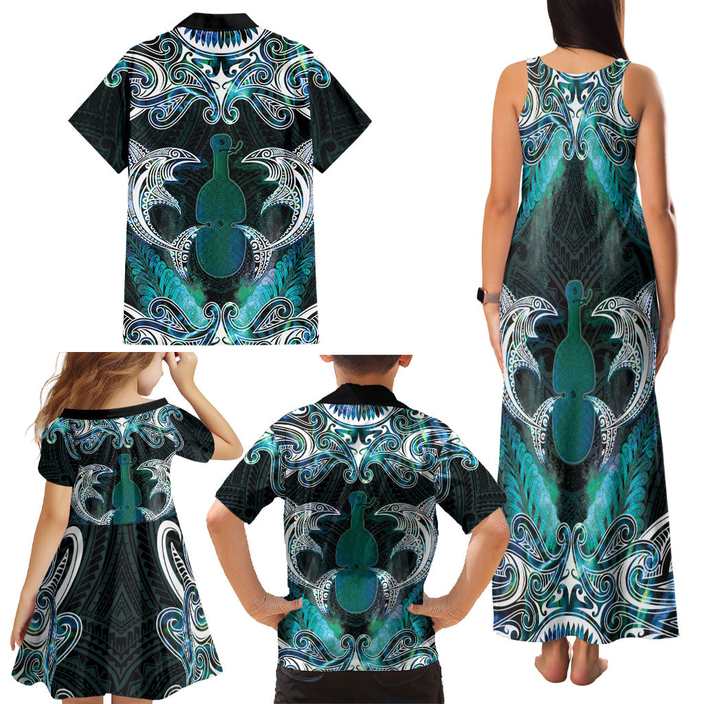 New Zealand Kotiate Weapon Family Matching Tank Maxi Dress and Hawaiian Shirt Aotearoa Mango Paua Shell Maori Pattern