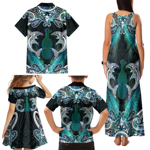 New Zealand Kotiate Weapon Family Matching Tank Maxi Dress and Hawaiian Shirt Aotearoa Mango Paua Shell Maori Pattern