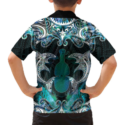 New Zealand Kotiate Weapon Kid Hawaiian Shirt Aotearoa Mango Paua Shell Maori Pattern
