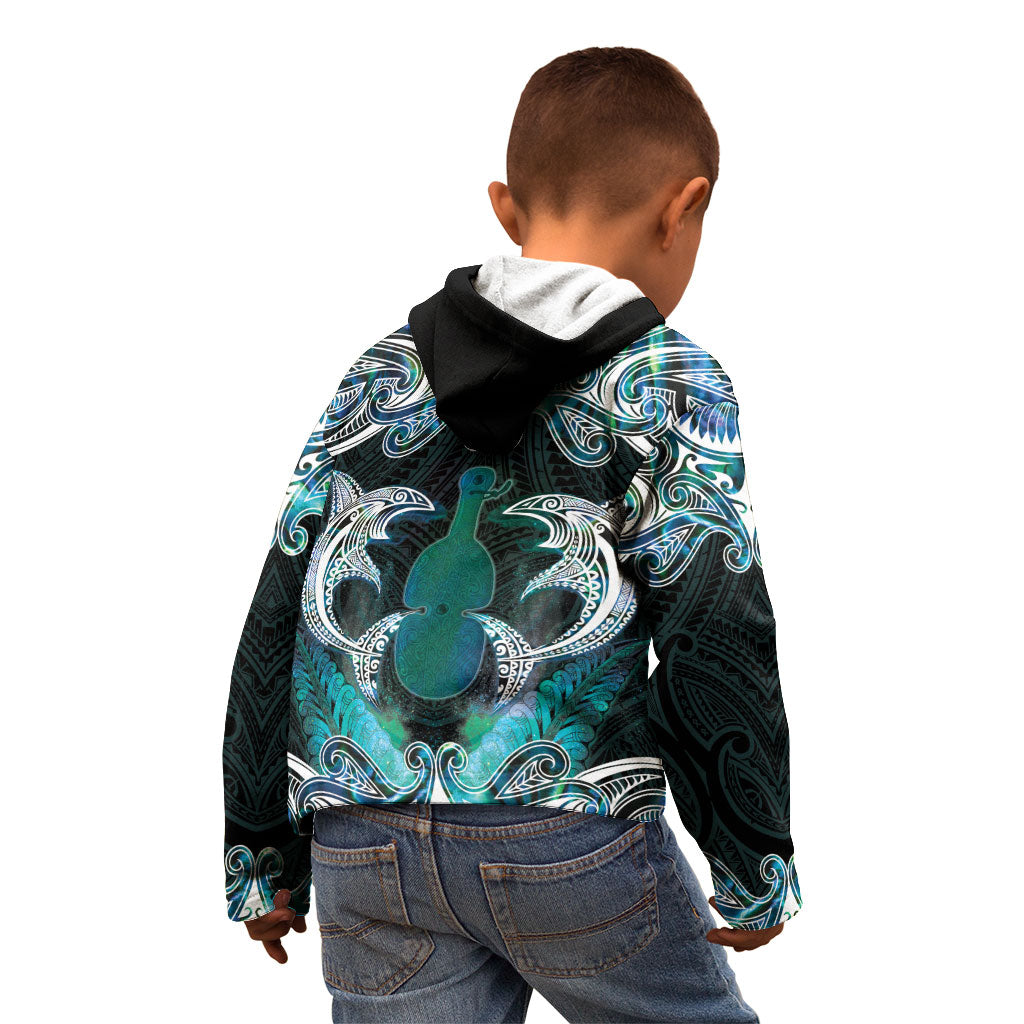 New Zealand Kotiate Weapon Kid Hoodie Aotearoa Mango Paua Shell Maori Pattern