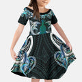 New Zealand Kotiate Weapon Kid Short Sleeve Dress Aotearoa Mango Paua Shell Maori Pattern