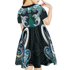 New Zealand Kotiate Weapon Kid Short Sleeve Dress Aotearoa Mango Paua Shell Maori Pattern