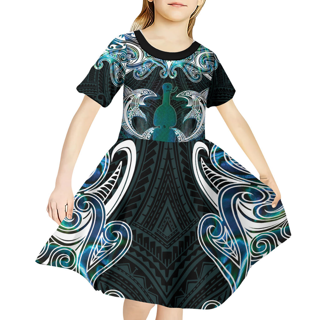 New Zealand Kotiate Weapon Kid Short Sleeve Dress Aotearoa Mango Paua Shell Maori Pattern