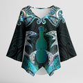 New Zealand Kotiate Weapon Kimono Sleeve Blouse Aotearoa Mango Paua Shell Maori Pattern