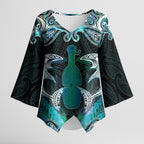 New Zealand Kotiate Weapon Kimono Sleeve Blouse Aotearoa Mango Paua Shell Maori Pattern