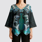 New Zealand Kotiate Weapon Kimono Sleeve Blouse Aotearoa Mango Paua Shell Maori Pattern