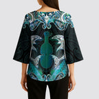 New Zealand Kotiate Weapon Kimono Sleeve Blouse Aotearoa Mango Paua Shell Maori Pattern