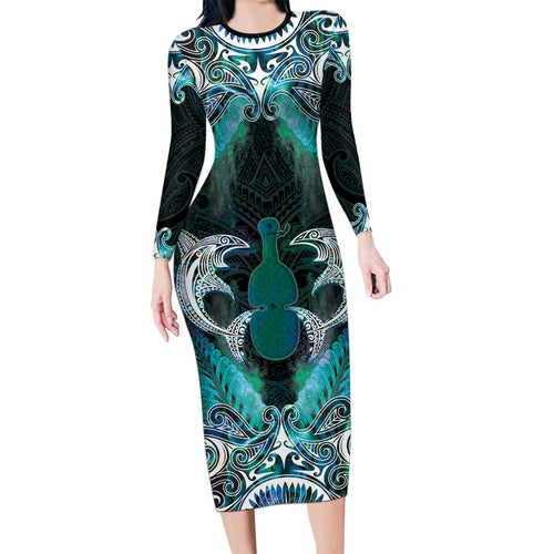 New Zealand Kotiate Weapon Long Sleeve Bodycon Dress Aotearoa Mango Paua Shell Maori Pattern