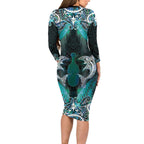 New Zealand Kotiate Weapon Long Sleeve Bodycon Dress Aotearoa Mango Paua Shell Maori Pattern