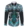 New Zealand Kotiate Weapon Long Sleeve Button Shirt Aotearoa Mango Paua Shell Maori Pattern