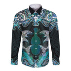 New Zealand Kotiate Weapon Long Sleeve Button Shirt Aotearoa Mango Paua Shell Maori Pattern