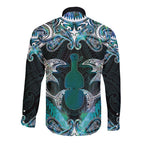 New Zealand Kotiate Weapon Long Sleeve Button Shirt Aotearoa Mango Paua Shell Maori Pattern