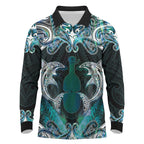 New Zealand Kotiate Weapon Long Sleeve Polo Shirt Aotearoa Mango Paua Shell Maori Pattern