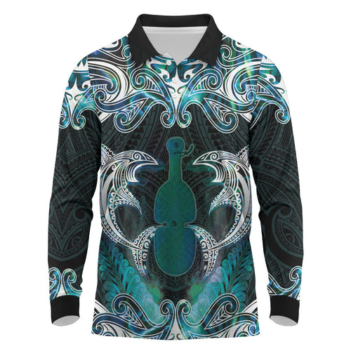 New Zealand Kotiate Weapon Long Sleeve Polo Shirt Aotearoa Mango Paua Shell Maori Pattern