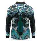 New Zealand Kotiate Weapon Long Sleeve Polo Shirt Aotearoa Mango Paua Shell Maori Pattern