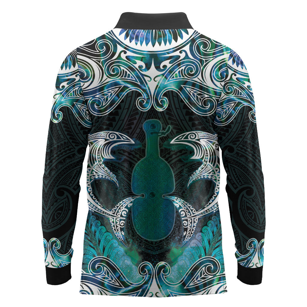New Zealand Kotiate Weapon Long Sleeve Polo Shirt Aotearoa Mango Paua Shell Maori Pattern