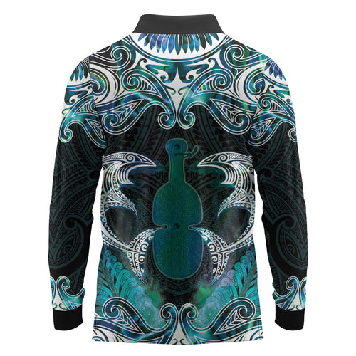 New Zealand Kotiate Weapon Long Sleeve Polo Shirt Aotearoa Mango Paua Shell Maori Pattern