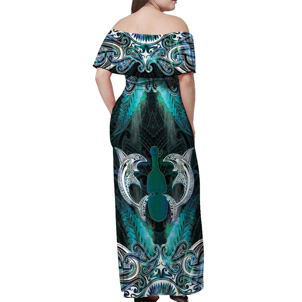 New Zealand Kotiate Weapon Off Shoulder Maxi Dress Aotearoa Mango Paua Shell Maori Pattern