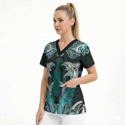 New Zealand Kotiate Weapon Scrub Top Aotearoa Mango Paua Shell Maori Pattern