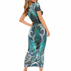New Zealand Kotiate Weapon Short Sleeve Bodycon Dress Aotearoa Mango Paua Shell Maori Pattern LT22