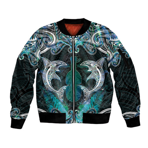 New Zealand Kotiate Weapon Sleeve Zip Bomber Jacket Aotearoa Mango Paua Shell Maori Pattern
