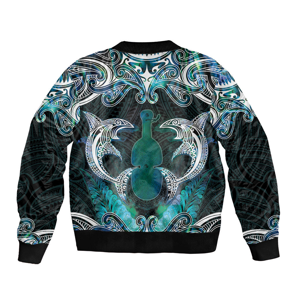 New Zealand Kotiate Weapon Sleeve Zip Bomber Jacket Aotearoa Mango Paua Shell Maori Pattern