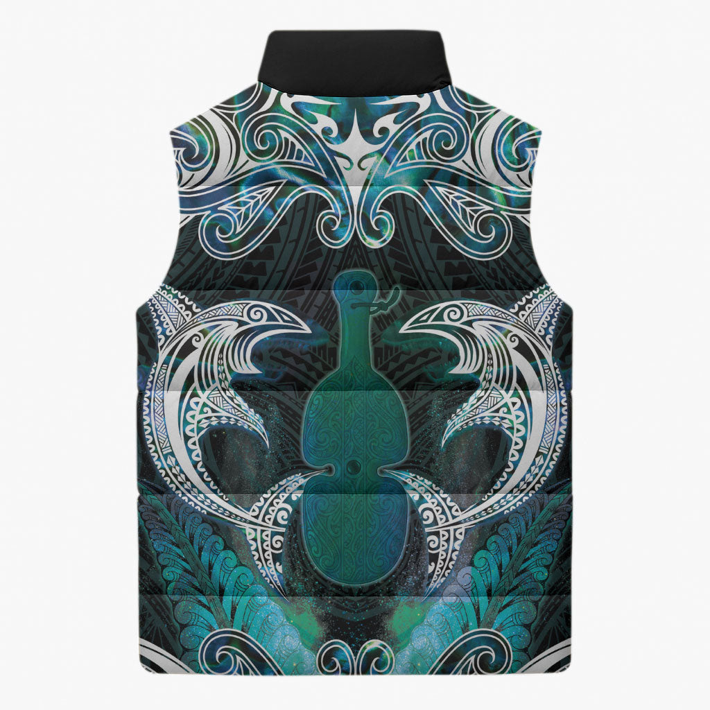 New Zealand Kotiate Weapon Sleeveless Puffer Jacket Aotearoa Mango Paua Shell Maori Pattern