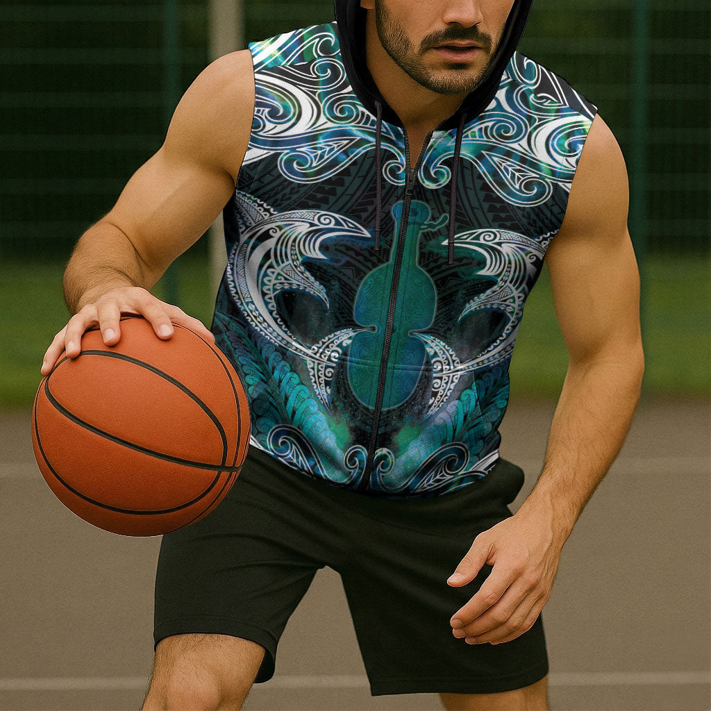 New Zealand Kotiate Weapon Sleeveless Zip Hoodie Aotearoa Mango Paua Shell Maori Pattern