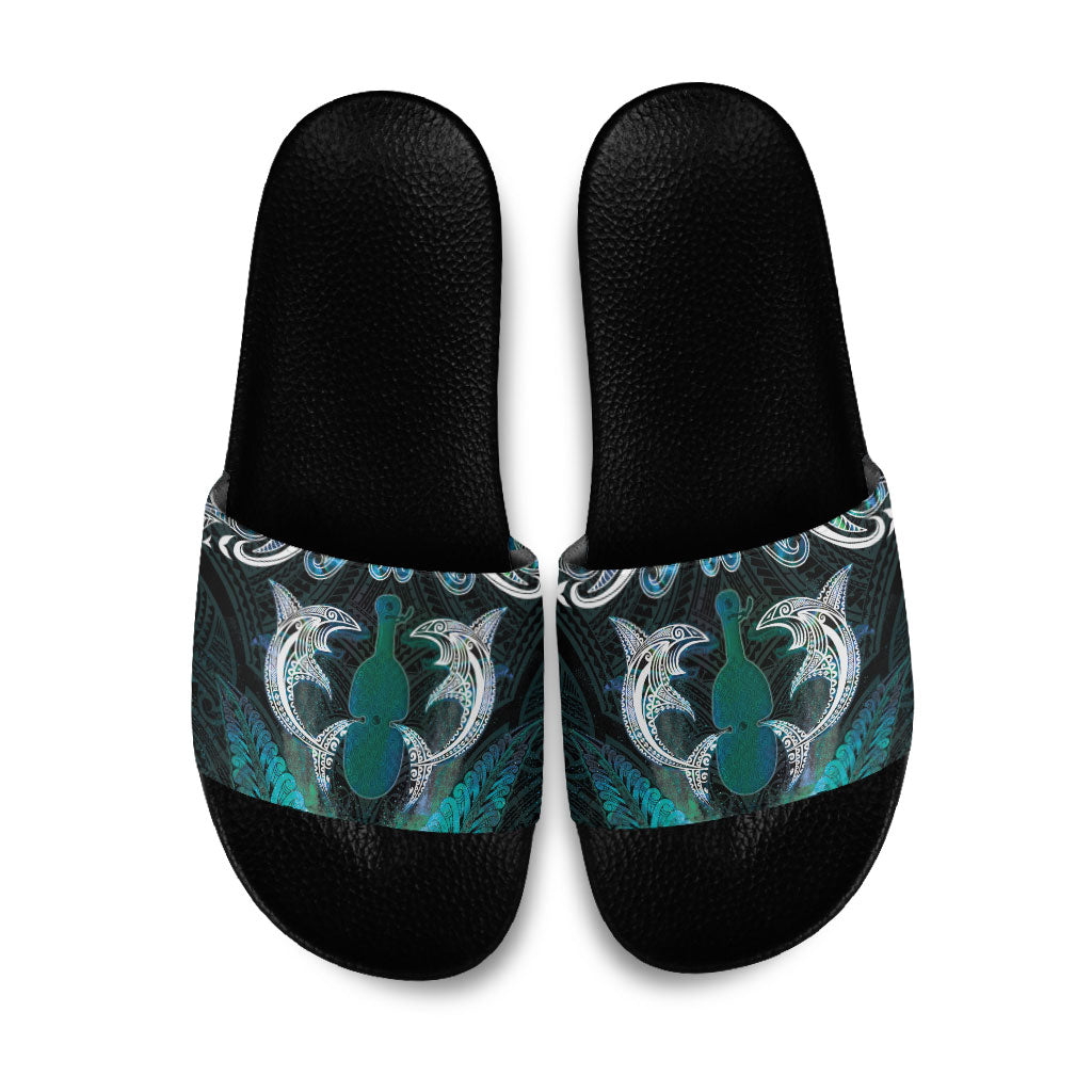 New Zealand Kotiate Weapon Slide Sandals Aotearoa Mango Paua Shell Maori Pattern
