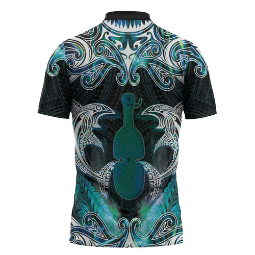 New Zealand Kotiate Weapon Zipper Polo Shirt Aotearoa Mango Paua Shell Maori Pattern