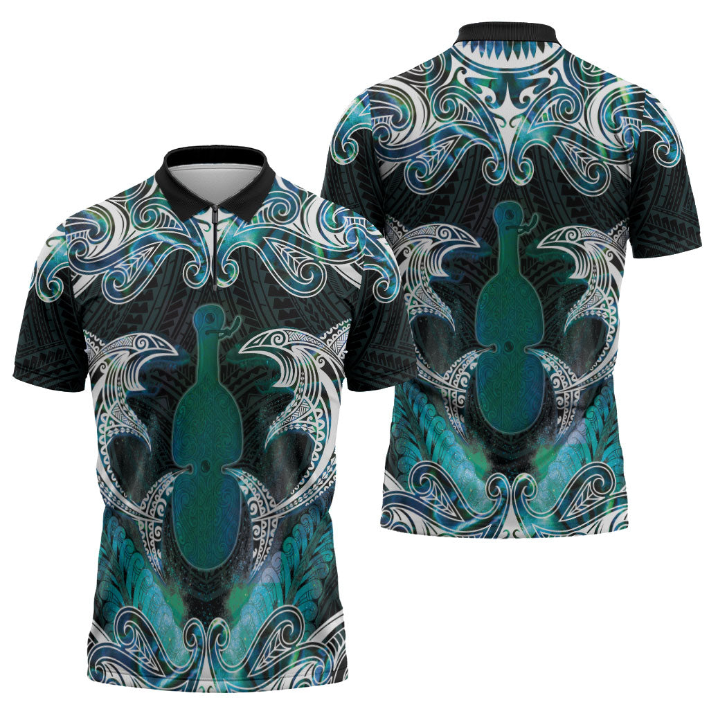 New Zealand Kotiate Weapon Zipper Polo Shirt Aotearoa Mango Paua Shell Maori Pattern