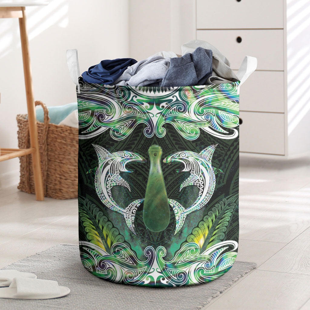New Zealand Mere Pounamu Weapon Laundry Basket Aotearoa Mango Paua Shell Maori Pattern