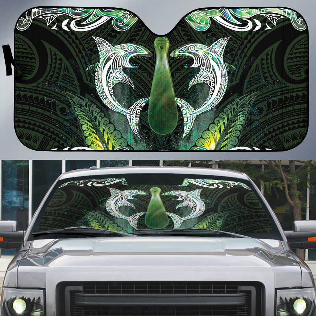 New Zealand Mere Pounamu Weapon Auto Sun Shade Aotearoa Mango Paua Shell Maori Pattern