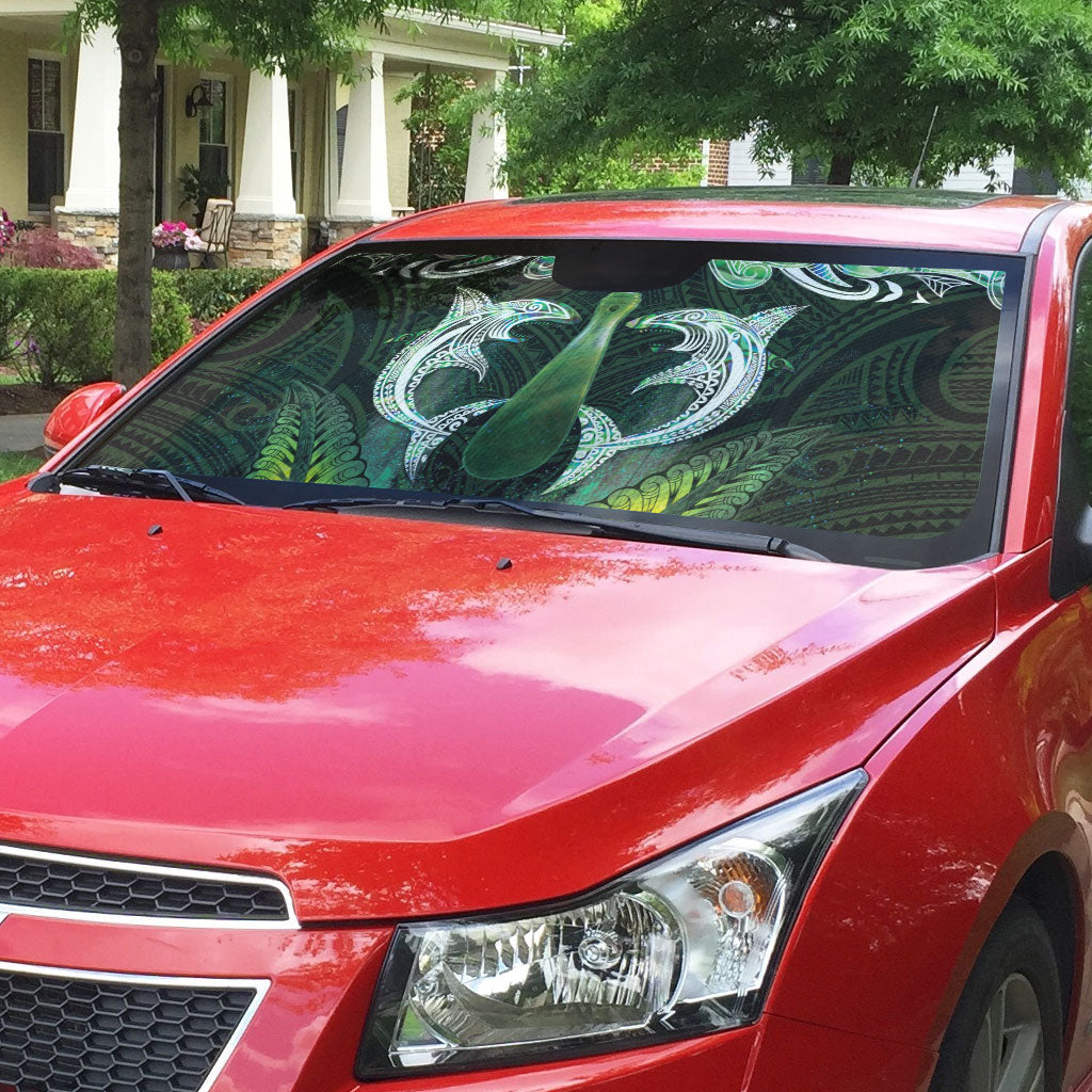 New Zealand Mere Pounamu Weapon Auto Sun Shade Aotearoa Mango Paua Shell Maori Pattern