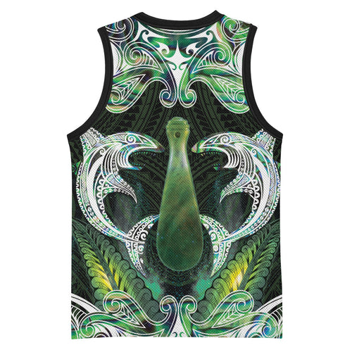 New Zealand Mere Pounamu Weapon Basketball Jersey Aotearoa Mango Paua Shell Maori Pattern