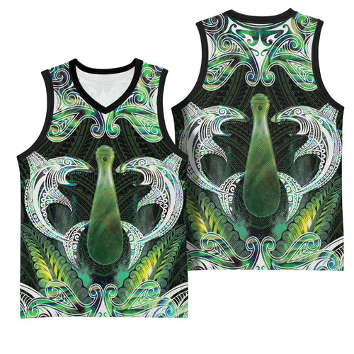 New Zealand Mere Pounamu Weapon Basketball Jersey Aotearoa Mango Paua Shell Maori Pattern