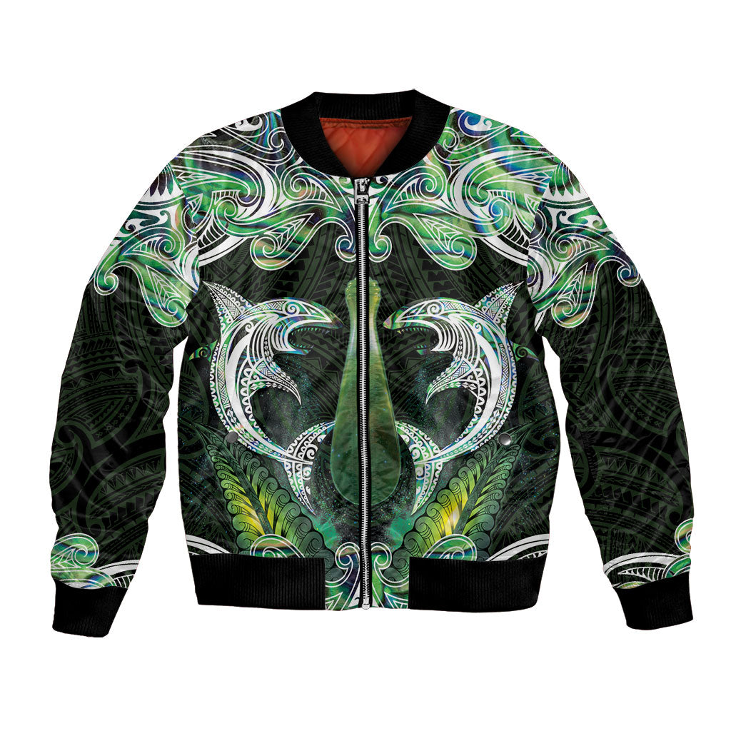 New Zealand Mere Pounamu Weapon Bomber Jacket Aotearoa Mango Paua Shell Maori Pattern