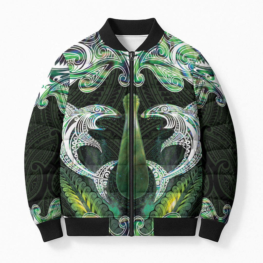 New Zealand Mere Pounamu Weapon Bomber Puffer Jacket Aotearoa Mango Paua Shell Maori Pattern
