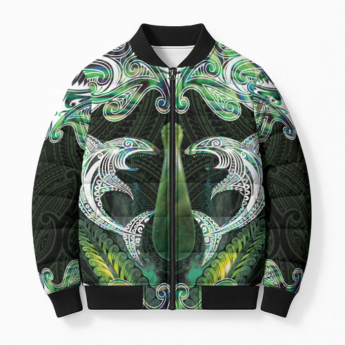 New Zealand Mere Pounamu Weapon Bomber Puffer Jacket Aotearoa Mango Paua Shell Maori Pattern