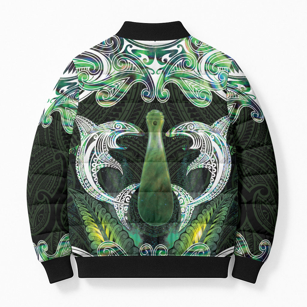 New Zealand Mere Pounamu Weapon Bomber Puffer Jacket Aotearoa Mango Paua Shell Maori Pattern