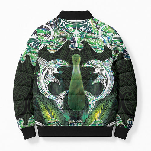 New Zealand Mere Pounamu Weapon Bomber Puffer Jacket Aotearoa Mango Paua Shell Maori Pattern