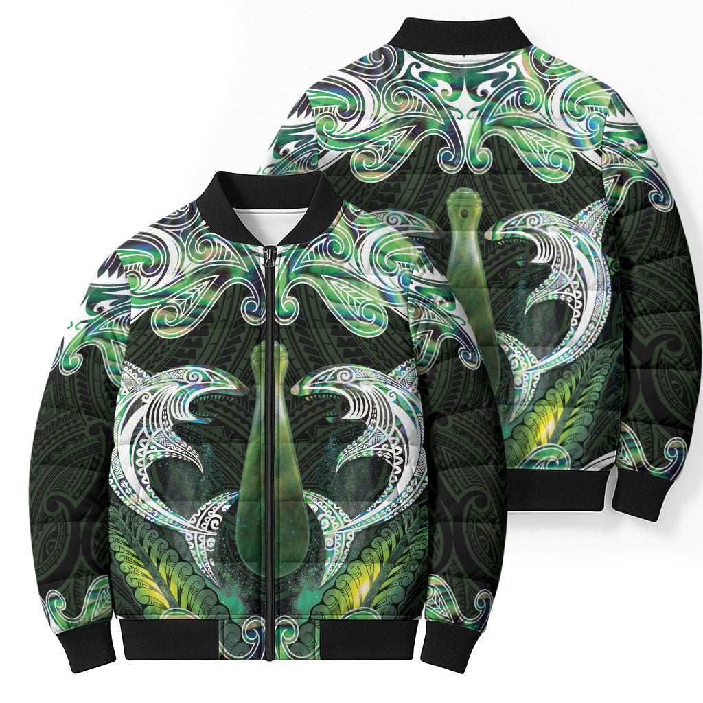 New Zealand Mere Pounamu Weapon Bomber Puffer Jacket Aotearoa Mango Paua Shell Maori Pattern