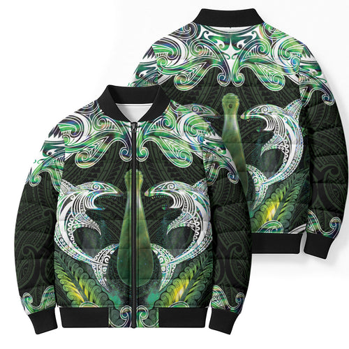 New Zealand Mere Pounamu Weapon Bomber Puffer Jacket Aotearoa Mango Paua Shell Maori Pattern