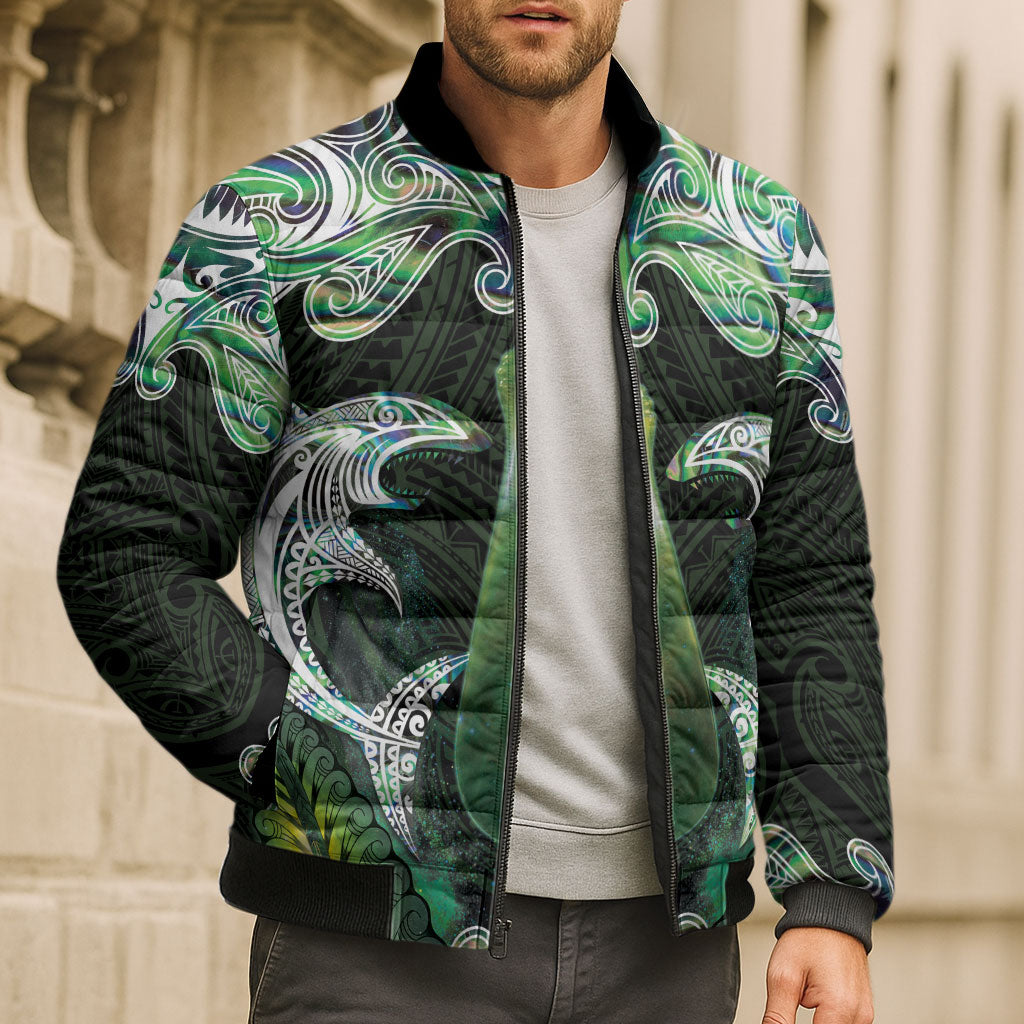 New Zealand Mere Pounamu Weapon Bomber Puffer Jacket Aotearoa Mango Paua Shell Maori Pattern