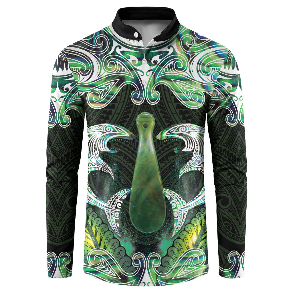 New Zealand Mere Pounamu Weapon Button Sweatshirt Aotearoa Mango Paua Shell Maori Pattern
