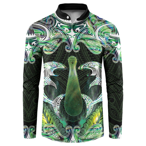 New Zealand Mere Pounamu Weapon Button Sweatshirt Aotearoa Mango Paua Shell Maori Pattern