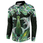 New Zealand Mere Pounamu Weapon Button Sweatshirt Aotearoa Mango Paua Shell Maori Pattern