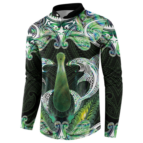 New Zealand Mere Pounamu Weapon Button Sweatshirt Aotearoa Mango Paua Shell Maori Pattern