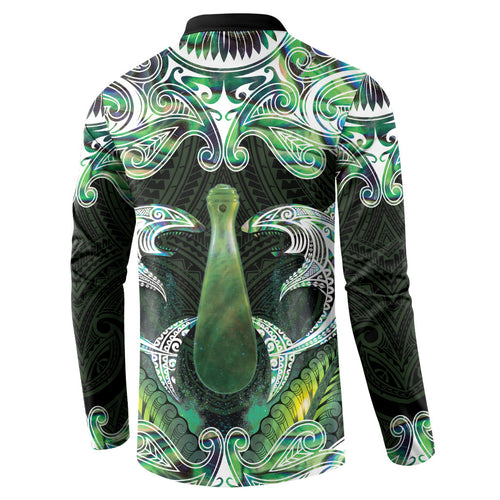 New Zealand Mere Pounamu Weapon Button Sweatshirt Aotearoa Mango Paua Shell Maori Pattern