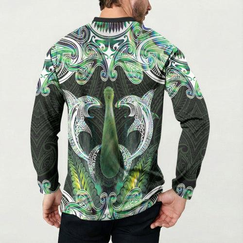New Zealand Mere Pounamu Weapon Button Sweatshirt Aotearoa Mango Paua Shell Maori Pattern